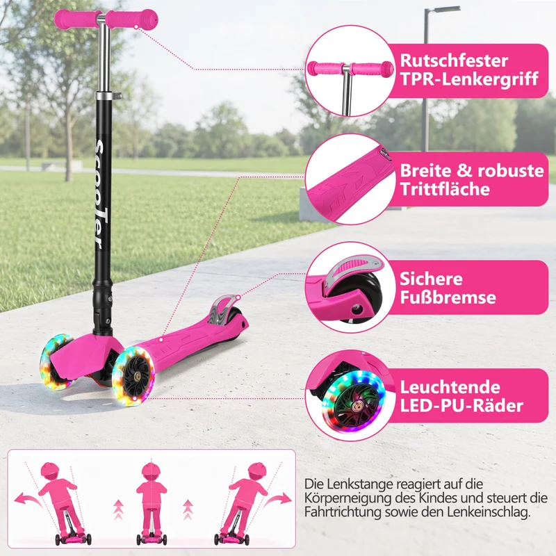Lospitch Kinderroller Klappbar mit LED Rädern Höhenverstellbar 65 bis 82 cm