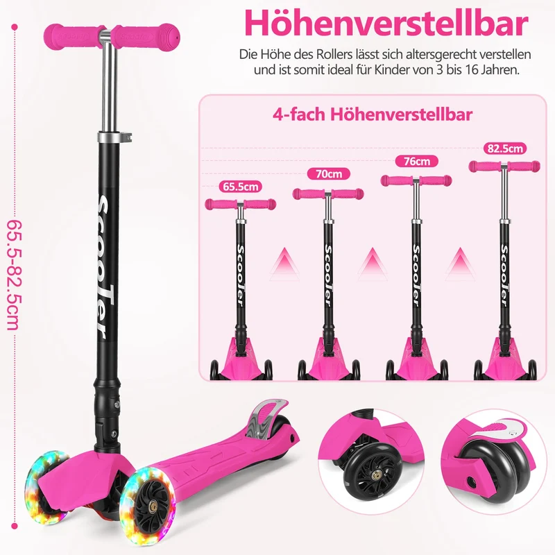 Lospitch Kinderroller Klappbar mit LED Rädern Höhenverstellbar 65 bis 82 cm