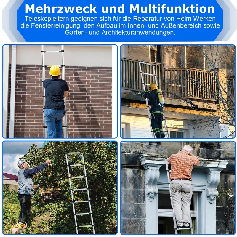 Lospitch Aluminium Teleskopleiter 2,6 bis 5 m Belastbar bis 150 kg für Haus und Garten