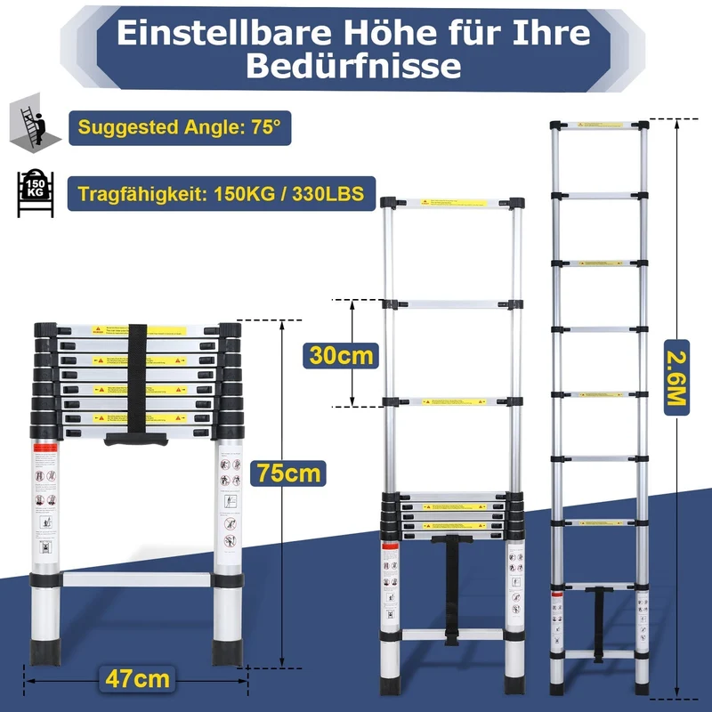Lospitch Aluminium Teleskopleiter 2,6 bis 5 m Belastbar bis 150 kg für Haus und Garten