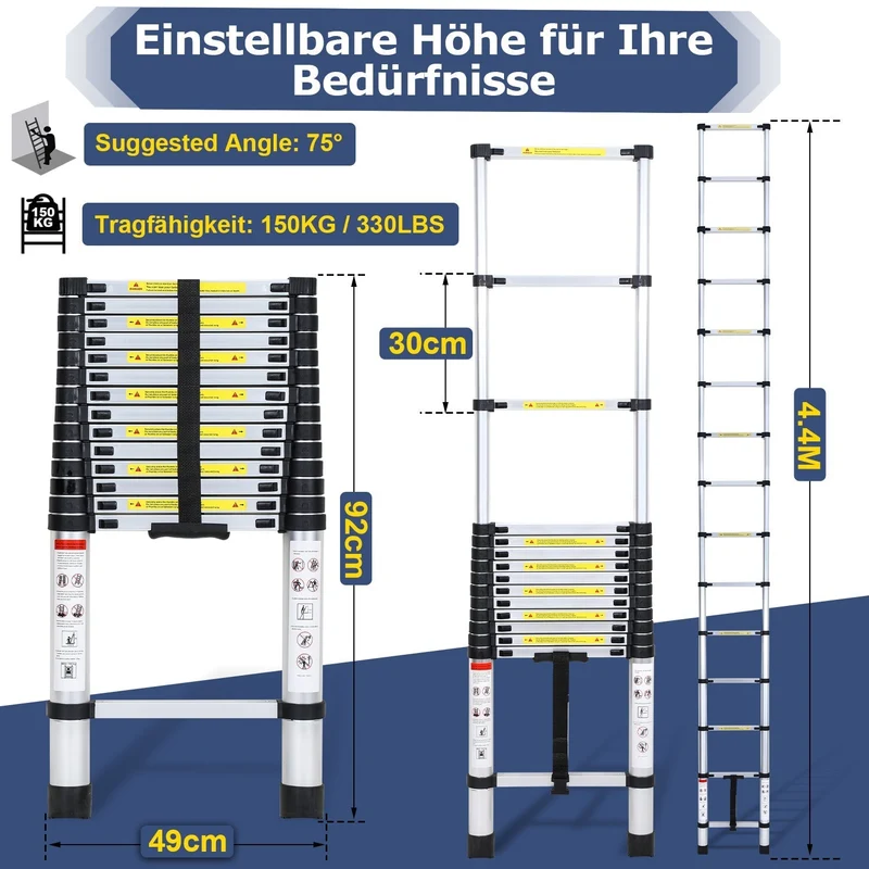 Lospitch Aluminium Teleskopleiter 2,6 bis 5 m Belastbar bis 150 kg für Haus und Garten