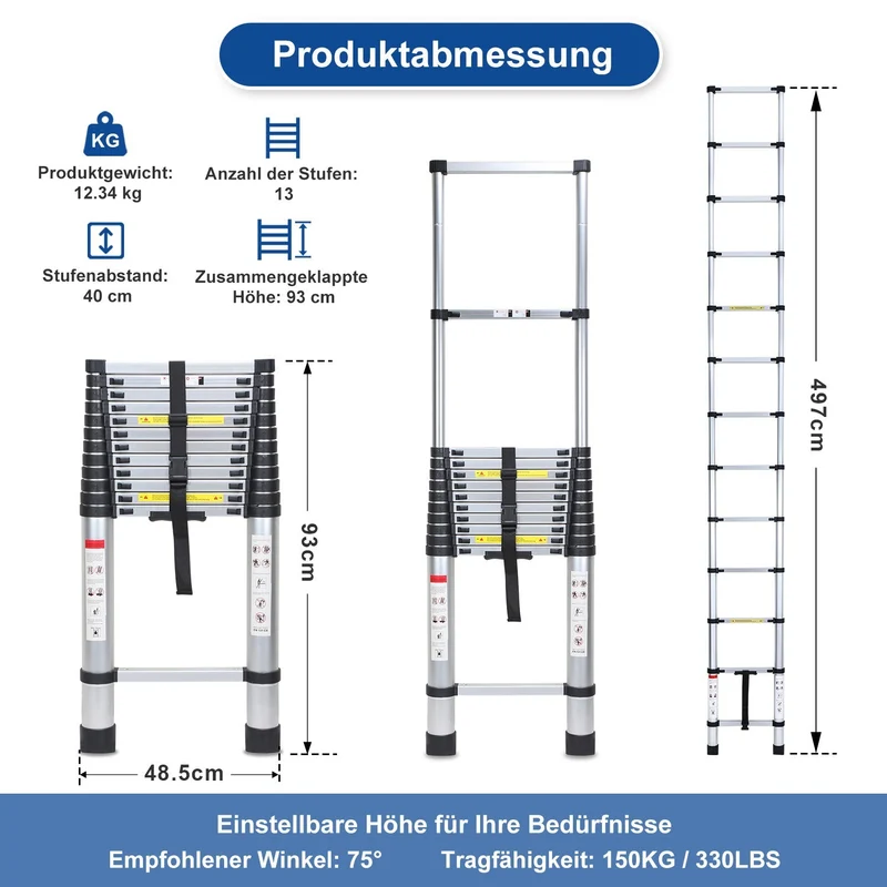 Lospitch Aluminium Teleskopleiter 2,6 bis 5 m Belastbar bis 150 kg für Haus und Garten
