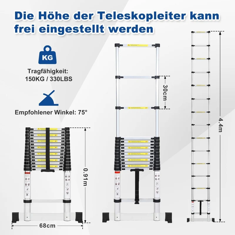 Lospitch Aluminium Teleskopleiter 2,6 bis 5m 150kg mit Stabilisator
