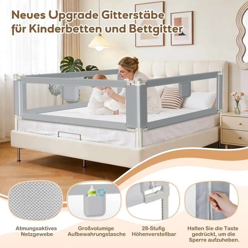 Lospitch Bettgitter Rausfallschutz 150/180/200cm Höhenverstellbar 64 bis 96cm für Kinderbett Babybett