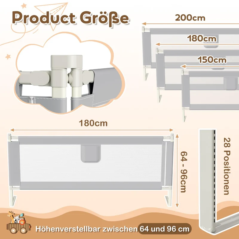 Lospitch Bettgitter Rausfallschutz 150/180/200cm Höhenverstellbar 64 bis 96cm für Kinderbett Babybett