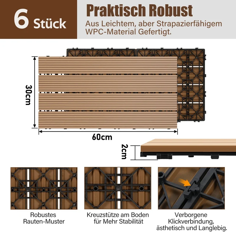 Lospitch WPC Klickfliesen 30x60 cm 6 Stück in Holzoptik für Balkon und Terrasse