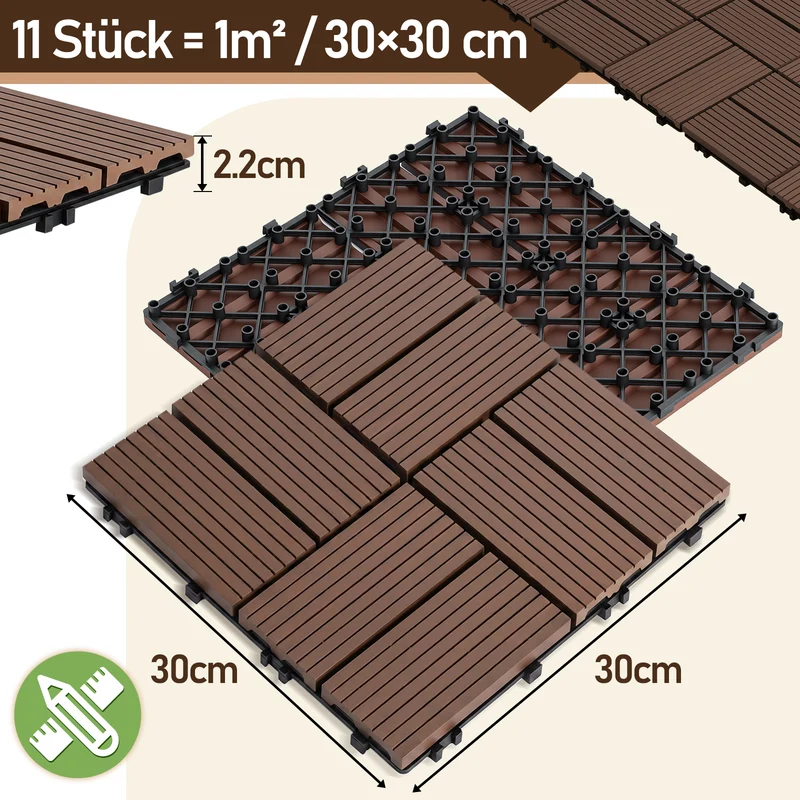 Lospitch Klickfliesen Kunststoff 30x30 cm für Balkon Terrasse Pool