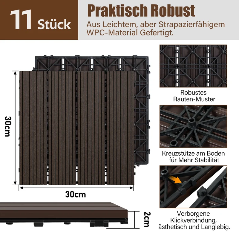 Lospitch WPC Terrassenfliesen 30 × 30 cm für Balkon und Terrasse