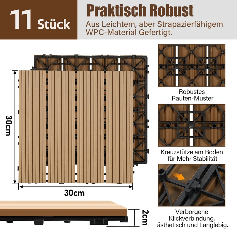Lospitch WPC Terrassenfliesen 30 × 30 cm für Balkon und Terrasse