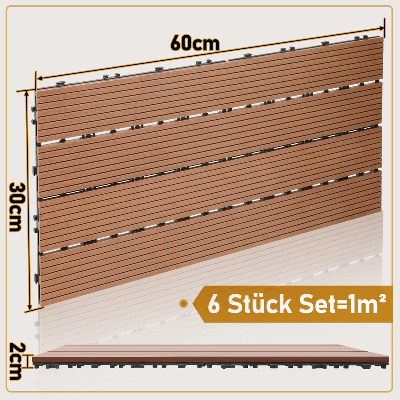 Lospitch WPC Terrassenfliesen 30 × 60 cm mit Klick-System