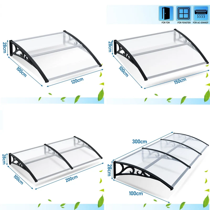Lospitch Haustürvordach Polycarbonat Transparent 120–300 × 100 cm