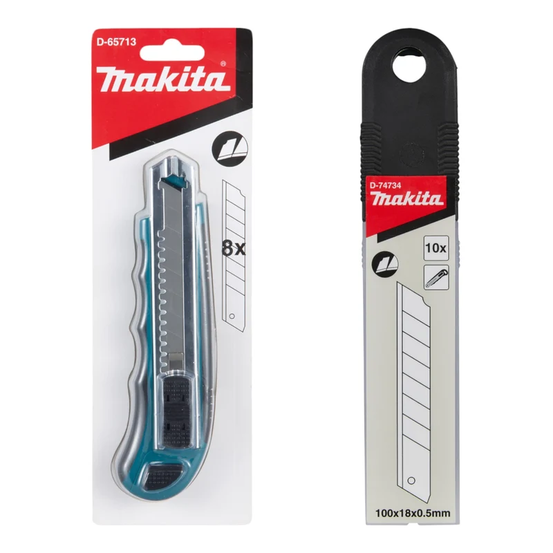 Makita Abbrechklingenmesser Cuttermesser 100 mm + 8x Ersatzklingen ( D-65713 ) + 10 tlg. Abbrechklingen Satz ( D-74734 )