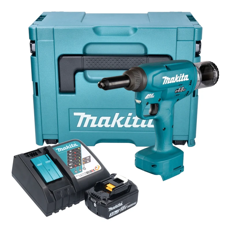 Makita DRV 150 RF1J Akku Blindnietsetzgerät 18 V 10 kN 2,4 - 4,8 mm Brushless + 1x Akku 3,0 Ah + Ladegerät + Makpac