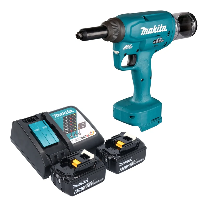 Makita DRV 150 RG Akku Blindnietsetzgerät 18 V 10 kN 2,4 - 4,8 mm Brushless + 2x Akku 6,0 Ah + Ladegerät
