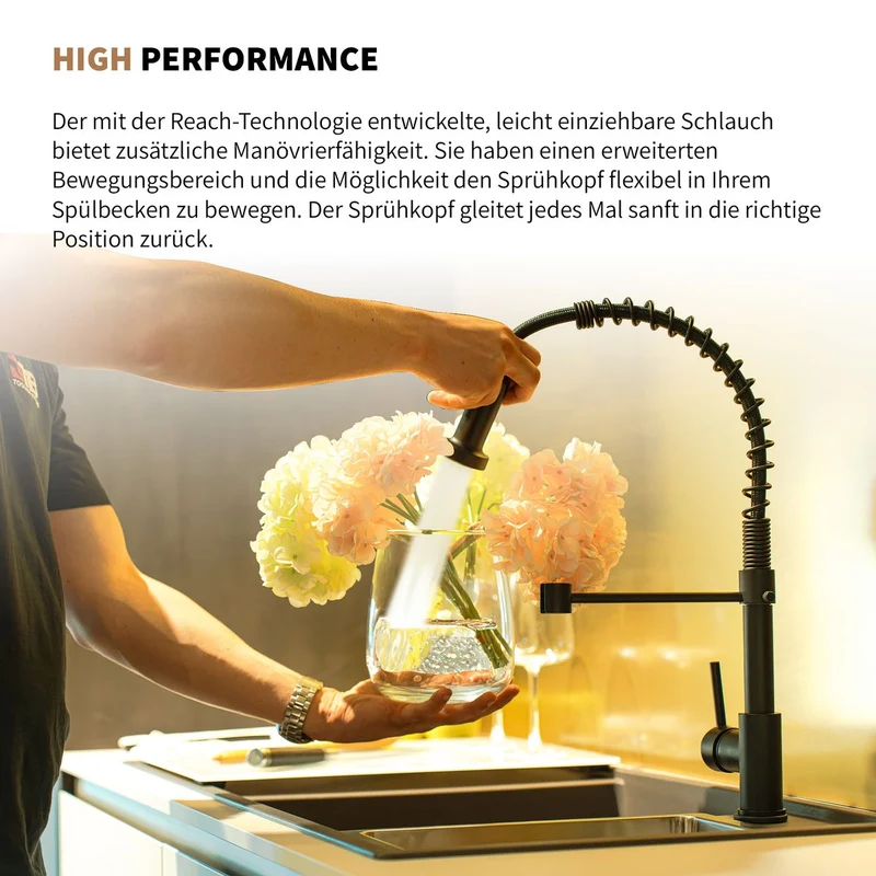 Rosenhahn & Söhne Sylt 200 Küchenarmatur mit Brause- 360° drehbarer Wasserhahn Küche - Armatur Küche schwarz - 2-fach verstellbare Spültischarmatur - Brause & Strahl - Anschlussschläuche