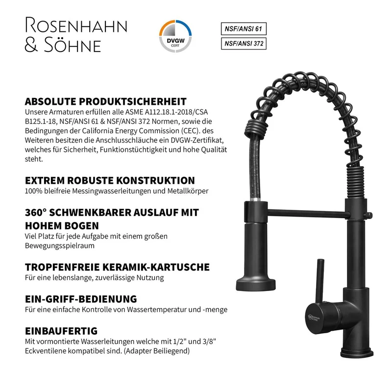 Rosenhahn & Söhne Sylt 200 Küchenarmatur mit Brause- 360° drehbarer Wasserhahn Küche - Armatur Küche schwarz - 2-fach verstellbare Spültischarmatur - Brause & Strahl - Anschlussschläuche
