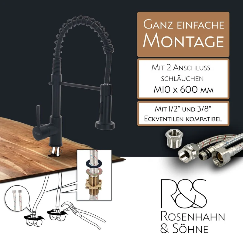 Rosenhahn & Söhne Sylt 200 Küchenarmatur mit Brause- 360° drehbarer Wasserhahn Küche - Armatur Küche schwarz - 2-fach verstellbare Spültischarmatur - Brause & Strahl - Anschlussschläuche