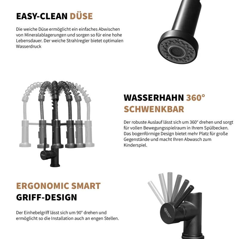 Rosenhahn & Söhne Sylt 200 Küchenarmatur mit Brause- 360° drehbarer Wasserhahn Küche - Armatur Küche schwarz - 2-fach verstellbare Spültischarmatur - Brause & Strahl - Anschlussschläuche