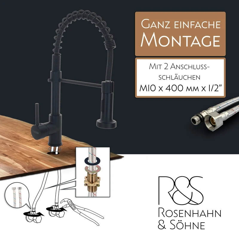 Rosenhahn & Söhne Sylt 200 Küchenarmatur mit Brause- 360° drehbarer Wasserhahn Küche - Armatur Küche schwarz - 2-fach verstellbare Spültischarmatur - Brause & Strahl - Anschlussschläuche