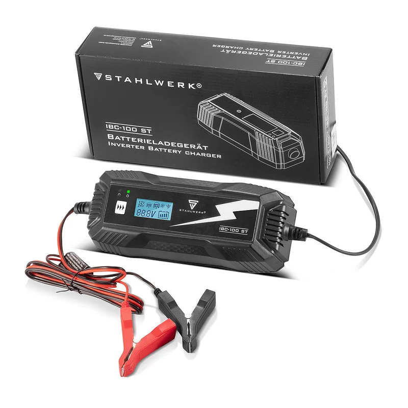 STAHLWERK Batterieladegerät IBC-100 ST mit Mikroprozessor und 10 Lademodi für 12V/24V AGM, VRLA, MF, SLA und GEL-Batterien | Intelligentes Ladegerät für Auto und Motorrad