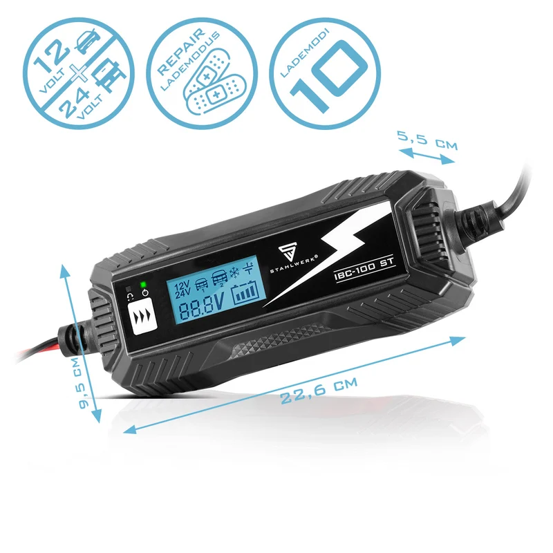 STAHLWERK Batterieladegerät IBC-100 ST mit Mikroprozessor und 10 Lademodi für 12V/24V AGM, VRLA, MF, SLA und GEL-Batterien | Intelligentes Ladegerät für Auto und Motorrad