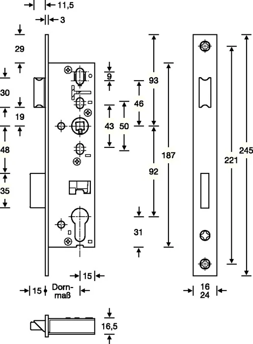 SSF Rohrrahmen-Einsteckschloss ( 3324024269 ) PZW 24/45/92/8 mm DIN links / rechts Riegelausschluss 15 mm 245 mm