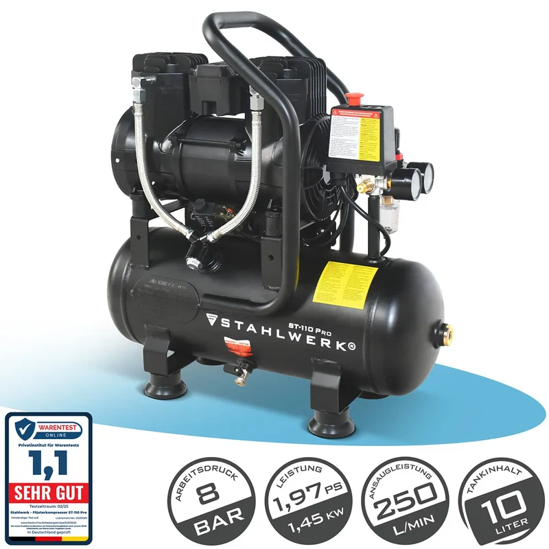 STAHLWERK Kompressor ST-110 Pro mit 8 bar | 1,97 PS | 1,45 kW | 250 l/min | 10 l Tank ölfreier Druckluft-Kompressor | Kolben-Kompressor | Silent-Kompressor | Flüster-Kompressor mit Brushless-Motoren