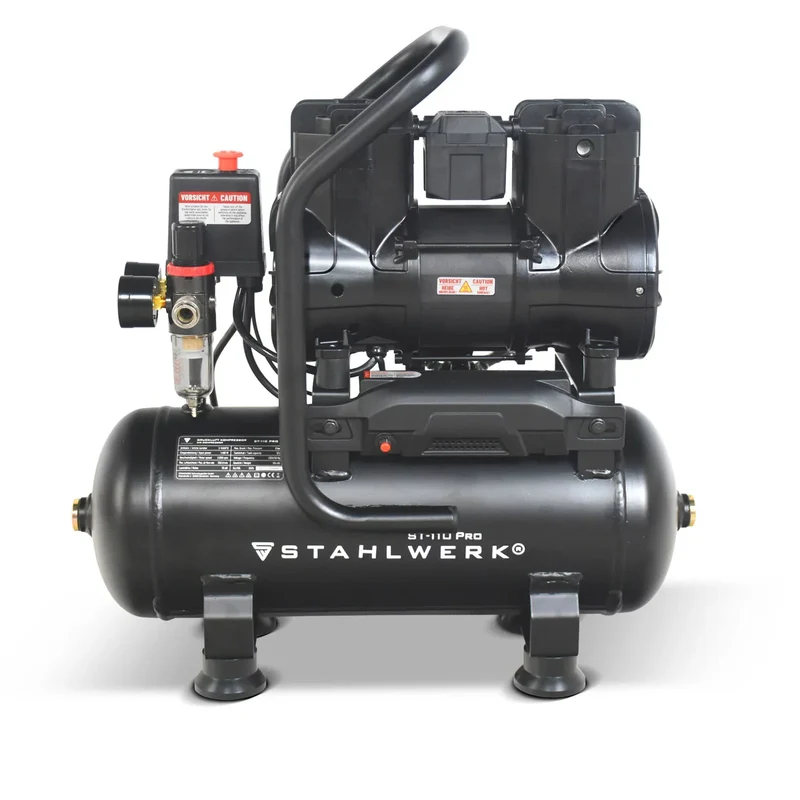 STAHLWERK Kompressor ST-110 Pro mit 8 bar | 1,97 PS | 1,45 kW | 250 l/min | 10 l Tank ölfreier Druckluft-Kompressor | Kolben-Kompressor | Silent-Kompressor | Flüster-Kompressor mit Brushless-Motoren