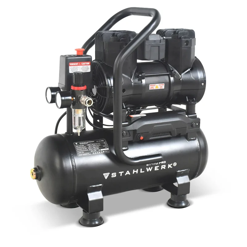STAHLWERK Kompressor ST-110 Pro mit 8 bar | 1,97 PS | 1,45 kW | 250 l/min | 10 l Tank ölfreier Druckluft-Kompressor | Kolben-Kompressor | Silent-Kompressor | Flüster-Kompressor mit Brushless-Motoren