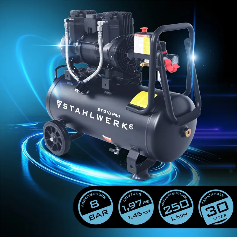 STAHLWERK Kompressor ST-310 Pro mit 8 bar | 1,97 PS | 1,45 kW | 250 l/min | 30 L Tank ölfreier Druckluft-Kompressor | Kolben-Kompressor | Silent-Kompressor | Flüster-Kompressor mit Brushless-Motoren