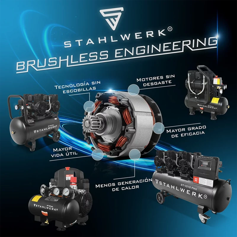 STAHLWERK Kompressor ST-310 Pro mit 8 bar | 1,97 PS | 1,45 kW | 250 l/min | 30 L Tank ölfreier Druckluft-Kompressor | Kolben-Kompressor | Silent-Kompressor | Flüster-Kompressor mit Brushless-Motoren