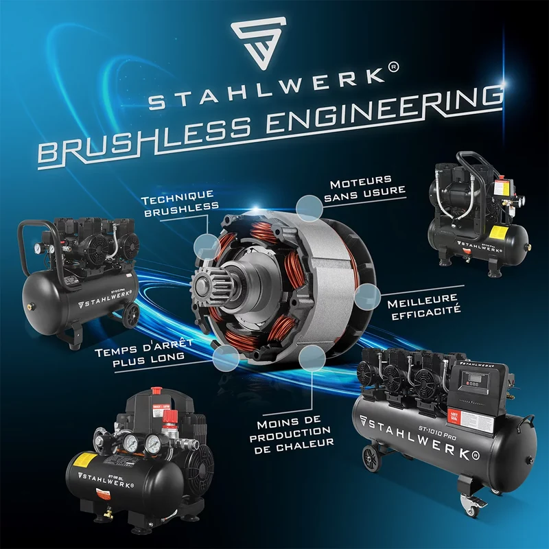 STAHLWERK Kompressor ST-310 Pro mit 8 bar | 1,97 PS | 1,45 kW | 250 l/min | 30 L Tank ölfreier Druckluft-Kompressor | Kolben-Kompressor | Silent-Kompressor | Flüster-Kompressor mit Brushless-Motoren