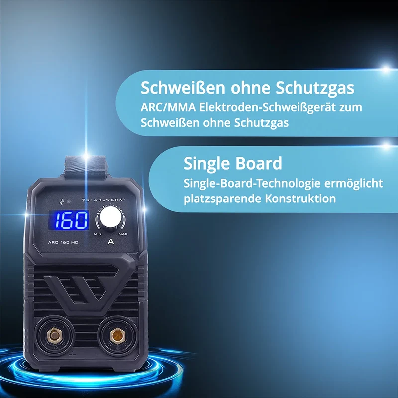STAHLWERK ARC 160 MD Elektroden-Schweißgerät DC MMA, E-Hand, Lift-TIG Welder | Stufenlos regelbar | Echte 160 Ampere | Sehr kompakt und leicht | Hot-Start, Anti-Stick, Smart-Kühlung | IGBT-Technologie