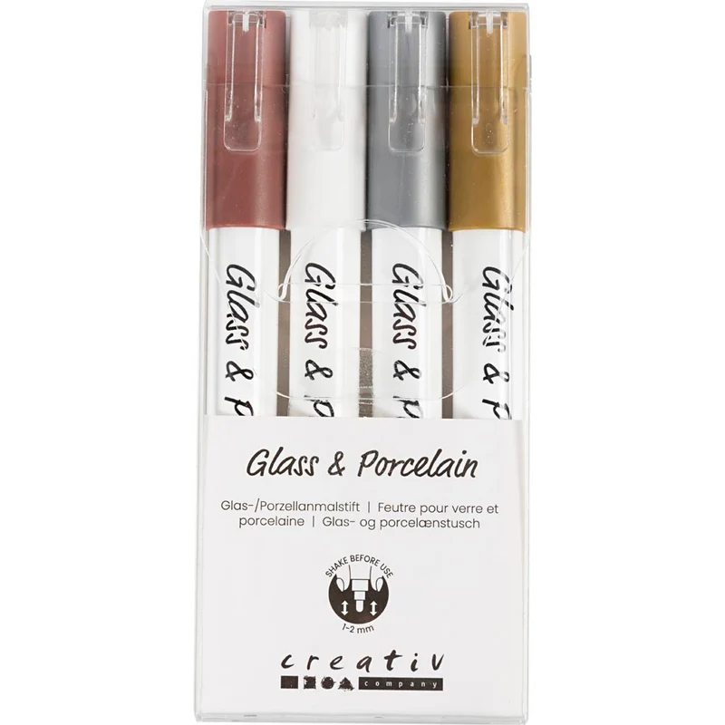 Glas-/Porzellanmalstift, Strichstärke 1-2 mm, Halbdeckend, Braun, Gold, Silber, Weiß, 4 Stk/ 1 Pck [HOB-31337]