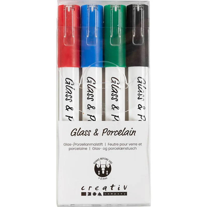 Glas-/Porzellanmalstift, Strichstärke 1-2 mm, Halbdeckend, Schwarz, Blau, Grün, Rot, 4 Stk/ 1 Pck [HOB-31336]