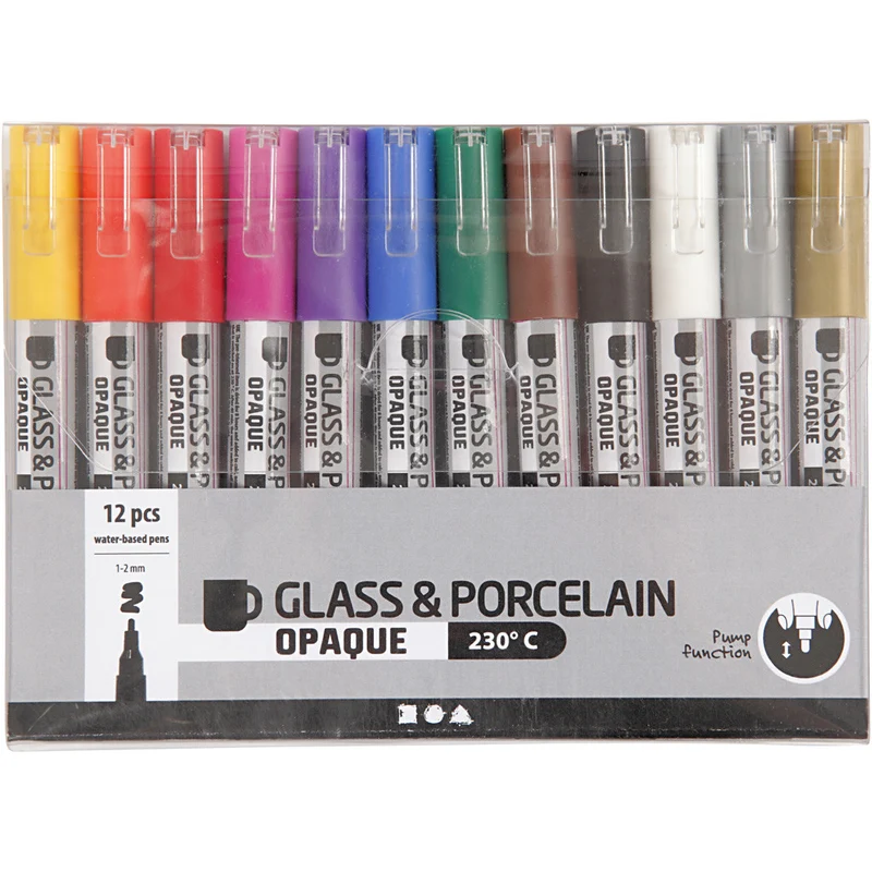 Glas-/Porzellanmalstift, Strichstärke 1-2 mm, Halbdeckend, Sortierte Farben, 12 Stk/ 1 Pck [HOB-31334]