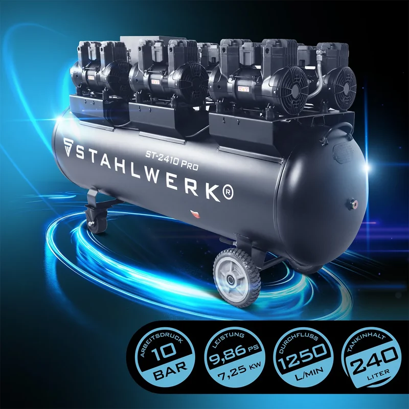 STAHLWERK Kompressor ST-2410 Pro mit 10 bar | 9,86 PS | 7,25 kW | 1250 l/min | 240 L Tank ölfreier Druckluft-Kompressor | Kolben-Kompressor | Silent-Kompressor | Flüster-Kompressor mit Brushless-Motoren