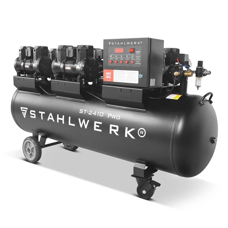 STAHLWERK Kompressor ST-2410 Pro mit 10 bar | 9,86 PS | 7,25 kW | 1250 l/min | 240 L Tank ölfreier Druckluft-Kompressor | Kolben-Kompressor | Silent-Kompressor | Flüster-Kompressor mit Brushless-Motoren