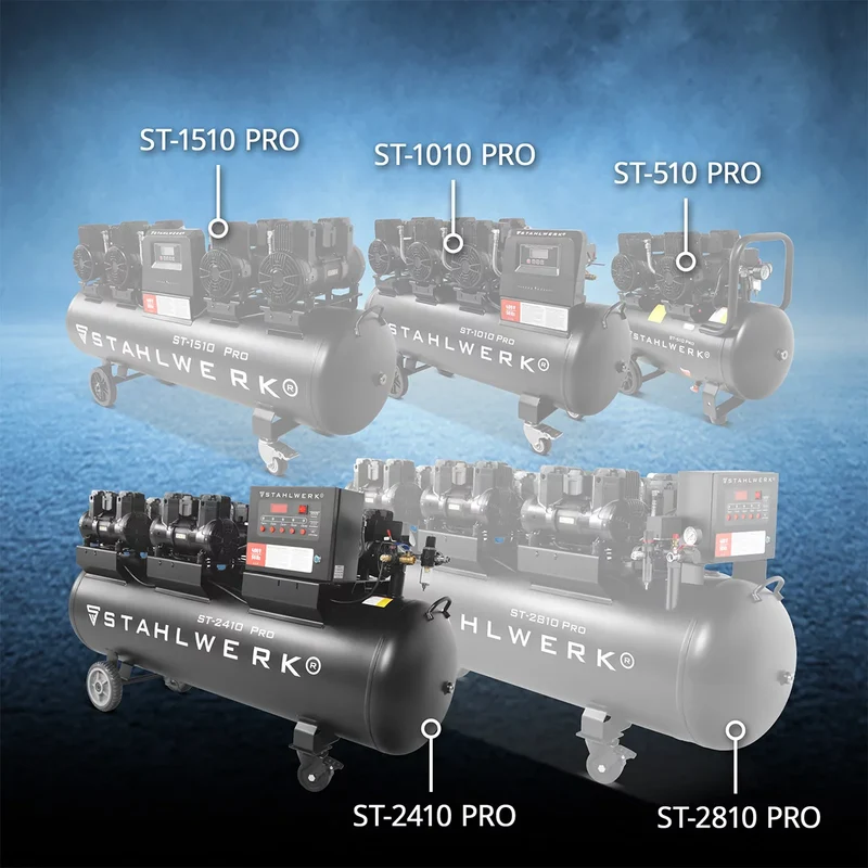STAHLWERK Kompressor ST-2410 Pro mit 10 bar | 9,86 PS | 7,25 kW | 1250 l/min | 240 L Tank ölfreier Druckluft-Kompressor | Kolben-Kompressor | Silent-Kompressor | Flüster-Kompressor mit Brushless-Motoren