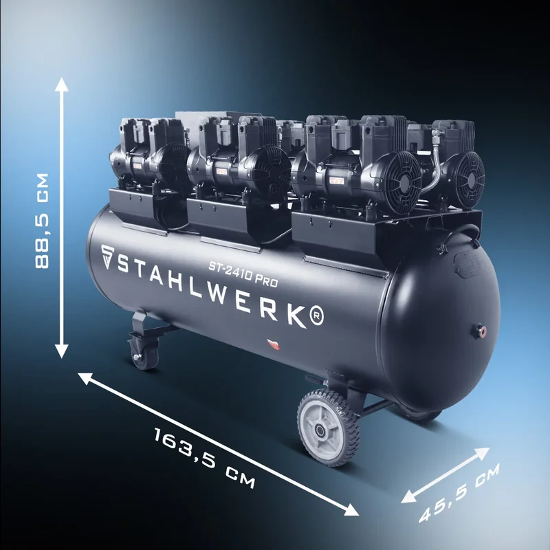 STAHLWERK Kompressor ST-2410 Pro mit 10 bar | 9,86 PS | 7,25 kW | 1250 l/min | 240 L Tank ölfreier Druckluft-Kompressor | Kolben-Kompressor | Silent-Kompressor | Flüster-Kompressor mit Brushless-Motoren