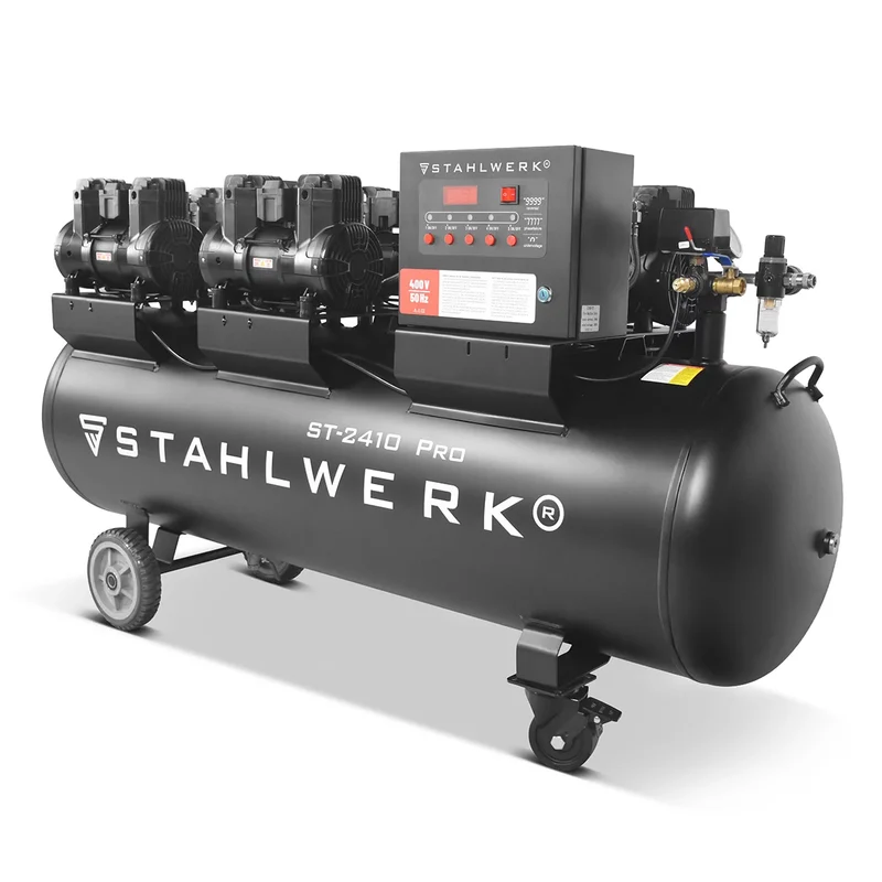 STAHLWERK Kompressor ST-2410 Pro mit 10 bar | 9,86 PS | 7,25 kW | 1250 l/min | 240 L Tank ölfreier Druckluft-Kompressor | Kolben-Kompressor | Silent-Kompressor | Flüster-Kompressor mit Brushless-Motoren