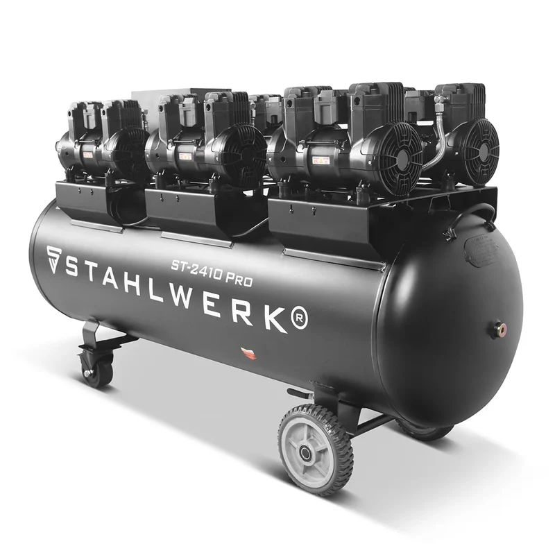 STAHLWERK Kompressor ST-2410 Pro mit 10 bar | 9,86 PS | 7,25 kW | 1250 l/min | 240 L Tank ölfreier Druckluft-Kompressor | Kolben-Kompressor | Silent-Kompressor | Flüster-Kompressor mit Brushless-Motoren