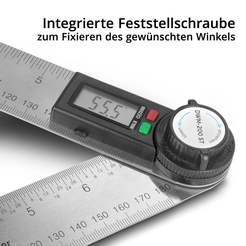 STAHLWERK Digitaler Winkelmesser DWM-200 ST mit 180 mm Messbereich 360° Präzisions-Winkelmessgerät | Gradmesser | Winkellineal aus Edelstahl