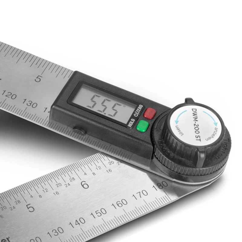 STAHLWERK Digitaler Winkelmesser DWM-200 ST mit 180 mm Messbereich 360° Präzisions-Winkelmessgerät | Gradmesser | Winkellineal aus Edelstahl