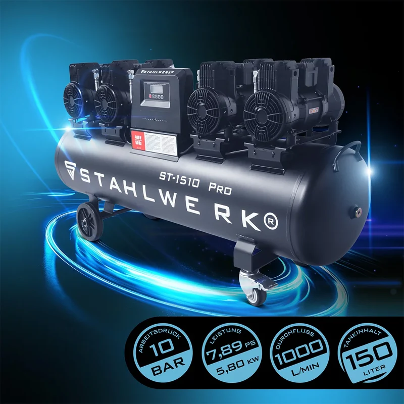 STAHLWERK Kompressor ST-1510 Pro mit 10 bar | 7,89 PS | 5,80 kW | 1000 l/min | 150 L Tank ölfreier Druckluft-Kompressor | Kolben-Kompressor | Silent-Kompressor | Flüster-Kompressor mit Brushless-Motoren