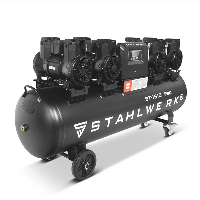 STAHLWERK Kompressor ST-1510 Pro mit 10 bar | 7,89 PS | 5,80 kW | 1000 l/min | 150 L Tank ölfreier Druckluft-Kompressor | Kolben-Kompressor | Silent-Kompressor | Flüster-Kompressor mit Brushless-Motoren