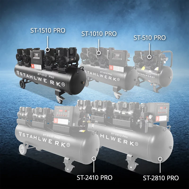 STAHLWERK Kompressor ST-1510 Pro mit 10 bar | 7,89 PS | 5,80 kW | 1000 l/min | 150 L Tank ölfreier Druckluft-Kompressor | Kolben-Kompressor | Silent-Kompressor | Flüster-Kompressor mit Brushless-Motoren