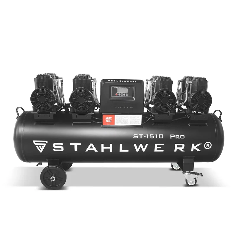 STAHLWERK Kompressor ST-1510 Pro mit 10 bar | 7,89 PS | 5,80 kW | 1000 l/min | 150 L Tank ölfreier Druckluft-Kompressor | Kolben-Kompressor | Silent-Kompressor | Flüster-Kompressor mit Brushless-Motoren