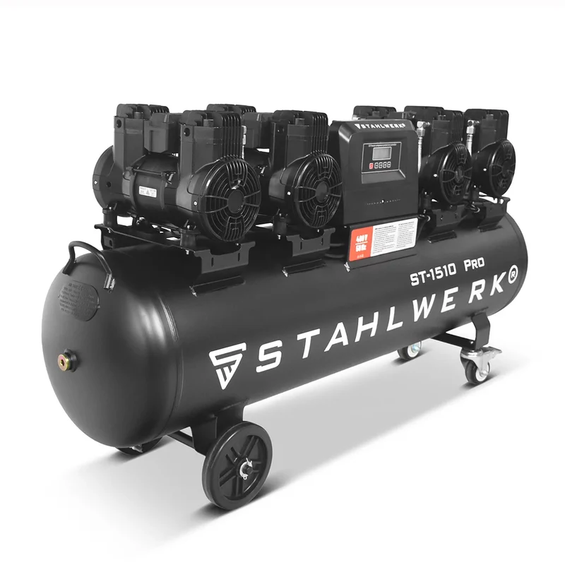STAHLWERK Kompressor ST-1510 Pro mit 10 bar | 7,89 PS | 5,80 kW | 1000 l/min | 150 L Tank ölfreier Druckluft-Kompressor | Kolben-Kompressor | Silent-Kompressor | Flüster-Kompressor mit Brushless-Motoren