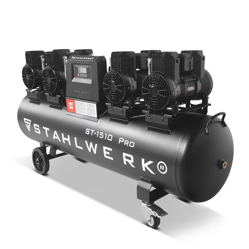 STAHLWERK Kompressor ST-1510 Pro mit 10 bar | 7,89 PS | 5,80 kW | 1000 l/min | 150 L Tank ölfreier Druckluft-Kompressor | Kolben-Kompressor | Silent-Kompressor | Flüster-Kompressor mit Brushless-Motoren